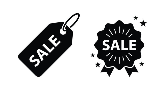 Sale tag and rosette icons black silhouette