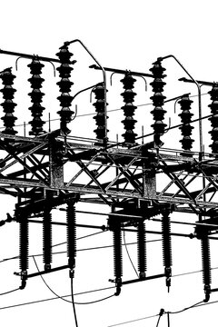 Subestaci&oacute;n el&eacute;ctrica, estructura met&aacute;lica de alto voltaje, fotos en blanco y negro con fondo trasparente.