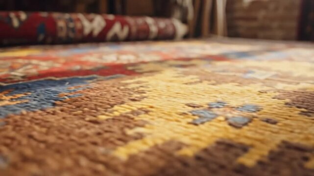 Intimate view of a rug shop showcasing colorful, intricately patterned woven carpets on display