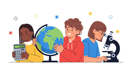 Curiosity Unveiled: Three children, diverse in appearance, engage with educational tools: a calculator, a globe, and a microscope, symbolizing the exploration of knowledge and the world. © Hasib