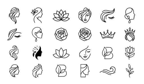 Beauty, Woman Face and Floral Decorative Line Art Collection Vector