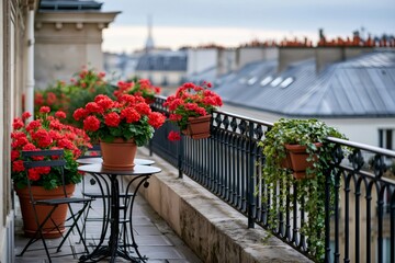 Fototapeta premium Parisian balcony with red geraniums overlooking city rooftops
