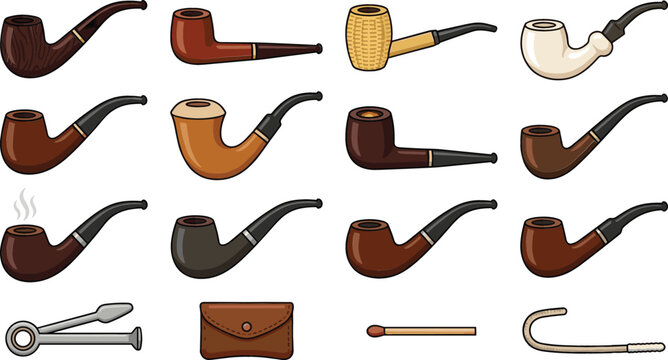 Smoking Pipe Collection Vector Illustration Featuring Classic Tobacco Pipes Accessories and Vintage Smoking Equipment