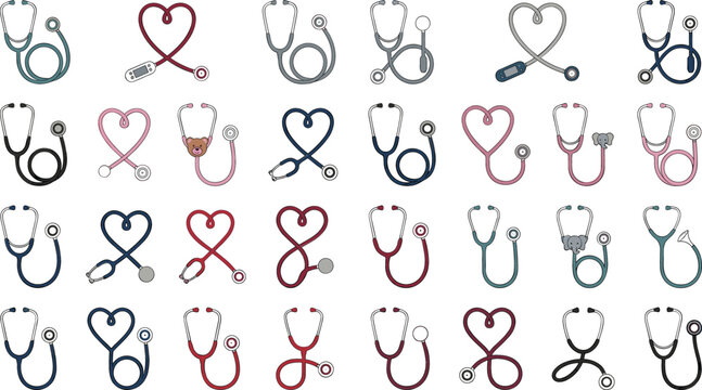 Stethoscope Collection Vector Illustration Featuring Medical Heart Shapes Pediatric and Clinical Healthcare Equipment