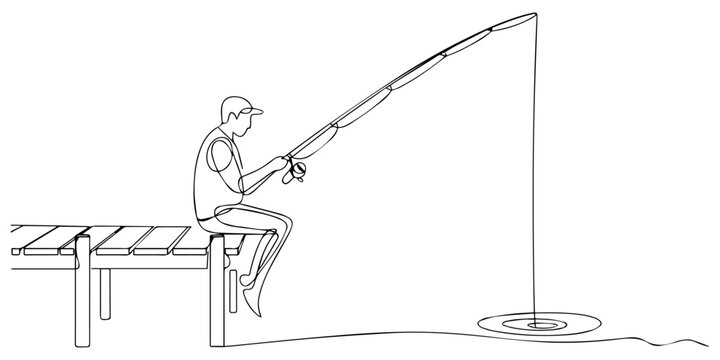 One single line drawing of young happy fisher man standing and flyfishing at the wooden dock pier vector illustration. fisher man fly fishing big bass fish in dock pier. Fishing hobby holiday concept.