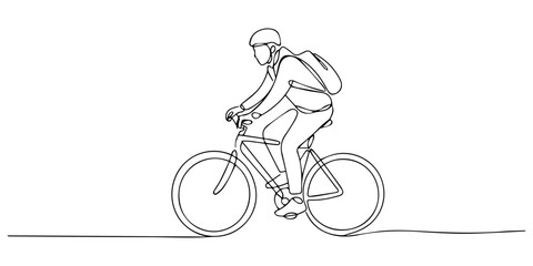 Obraz premium Continuous line drawing of a cyclist with a backpack riding a bicycle, beautiful business woman with briefcase commute her bicycle outdoor at urban, bike go to work office. Active lifestyle. Single,