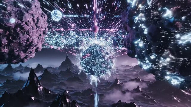 Futuristic cosmic landscape with floating spheres ideal for eco-friendly campaigns and travel vlogs