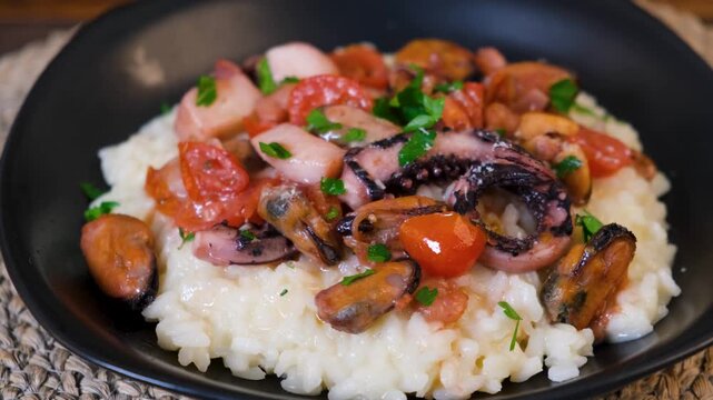 Creamy Seafood Risotto Served in Elegant Plate