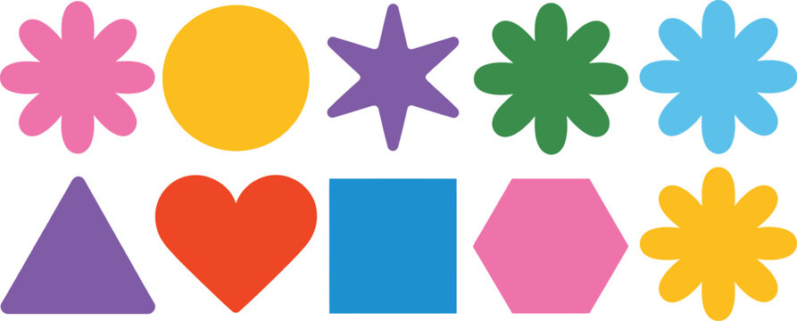 Colorful geometric shapes set, abstract flat icons including flowers stars hearts and basic shapes for modern creative design.
