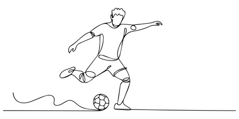 Minimalist continuous one line art drawing soccer player kicking a ball, soccer player striker taking a free kick during a game. vector, Single one line drawing attractive male football player striker © Gerish