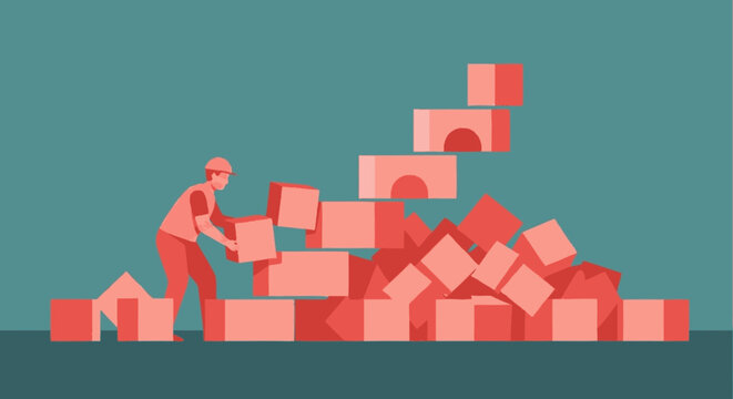 Warehouse worker stacking falling boxes in minimalist flat design