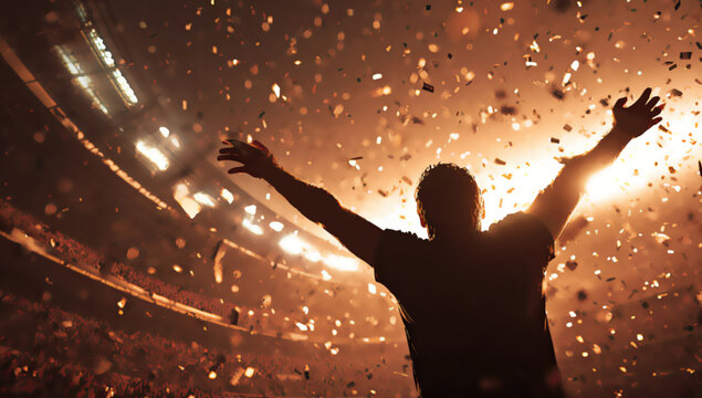 Silhouetted figure raises arms in a stadium as confetti rains down