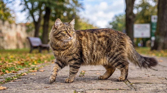 A beautiful fluffy tabby cat with golden eyes gracefully walks on a leaf-strewn path in a tranquil autumn park.