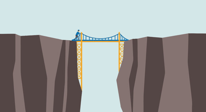 Worker building a bridge across a deep canyon gap