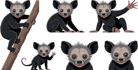 Cute Cartoon Aye-Aye Lemur Characters in Different Poses, Funny Endangered Madagascar Primate Mascot Set Vector Illustration © MdImran