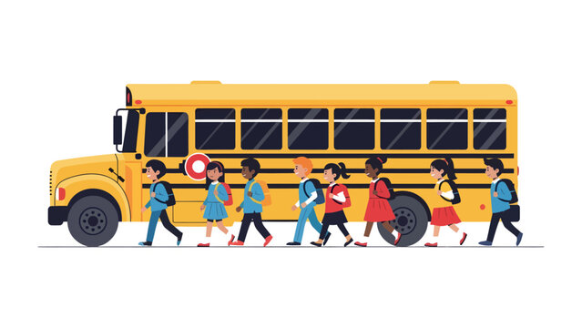 Back to School: A vibrant yellow school bus stands ready to transport a diverse group of children, each carrying a backpack and radiating enthusiasm for their educational journey.
