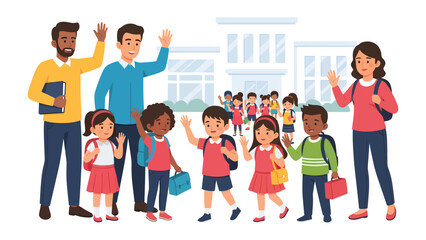 Obraz premium First Day of School Joy: A vibrant illustration depicting teachers and diverse children waving hello outside a school building, filled with excitement and anticipation for the new academic year.