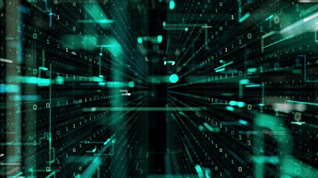 Digital data stream visualization with glowing network connection lines and binary code