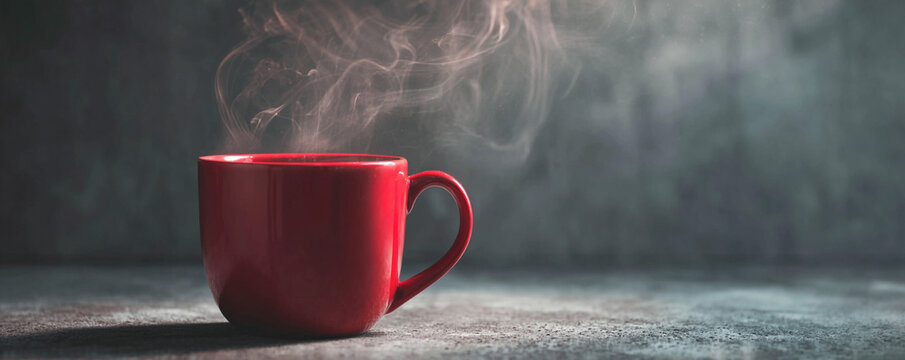 Soft, diffused lighting on red mug with realistic steam trails drifting upward 32k ultra HD