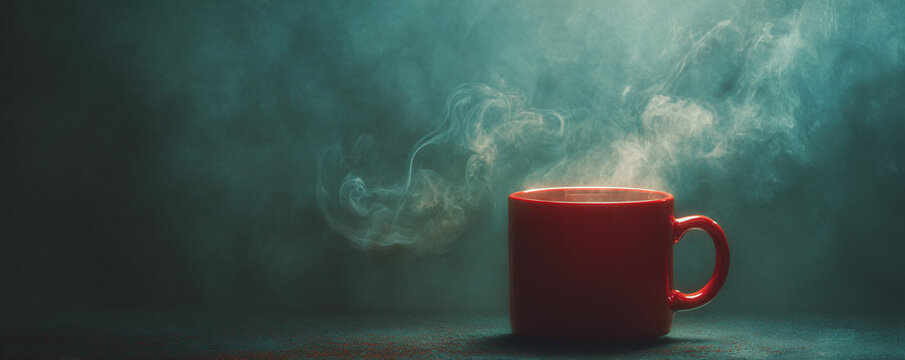 Soft, diffused lighting on red mug with realistic steam trails drifting upward 32k ultra HD