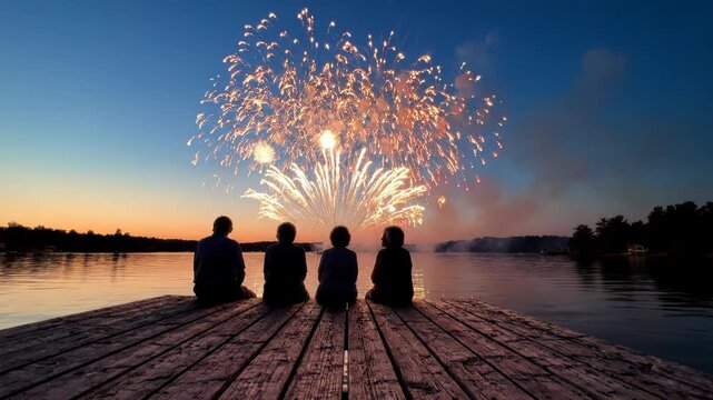 Four people sitting on a dock watching colorful fireworks display at sunset over a serene lake