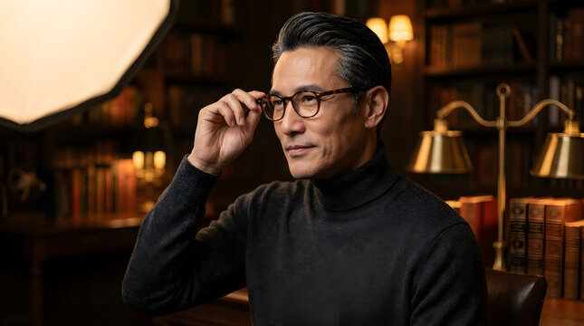 Sophisticated man in library adjusts glasses. Perfect for educational, intellectual, professional, or scholarly design projects needing an academic touch.