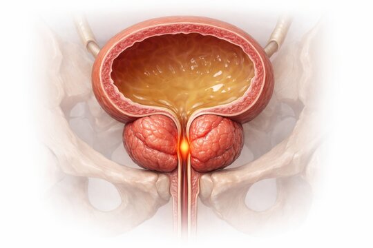 Anatomical visualization of enlarged prostate glands BPH causing localized urethral compression, subtle diagnostic highlight inside ghostly pelvic outline render