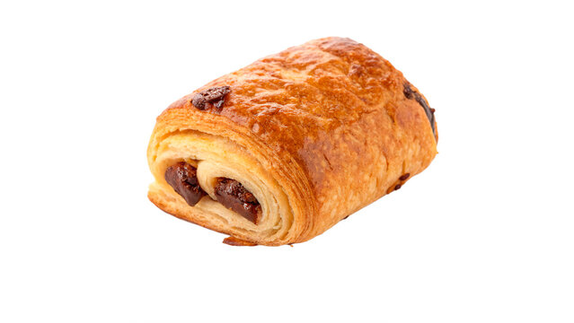 A freshly baked French puff pastry pain au chocolat chocolate croissant golden sweet dessert isolated on transparent background cut out