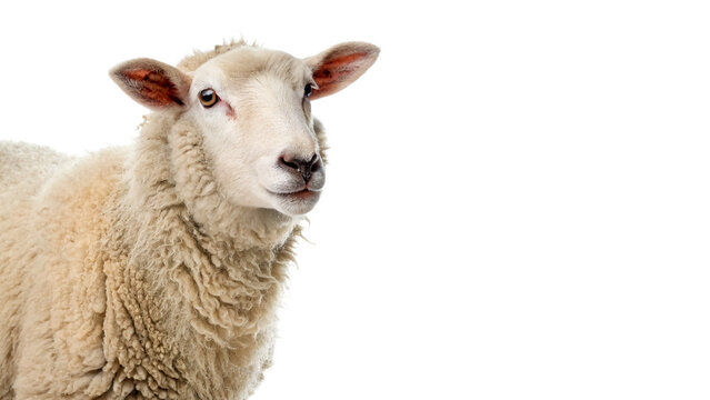 A fluffy domestic white sheep lamb livestock animal standing side view profile looking forward isolated on transparent background cut out