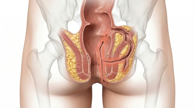 Anal fistula medical visualization showing abnormal tunnel passing through sphincter muscle inside ghostly pelvic contour for clinical diagnostic proctological illustration