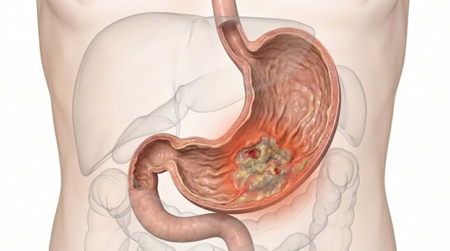 Gastric cancer medical visualization showing an irregular ulcerated tumor mass within the mucosal wall inside a ghostly abdominal contour for clinical oncology diagnostic health illustration