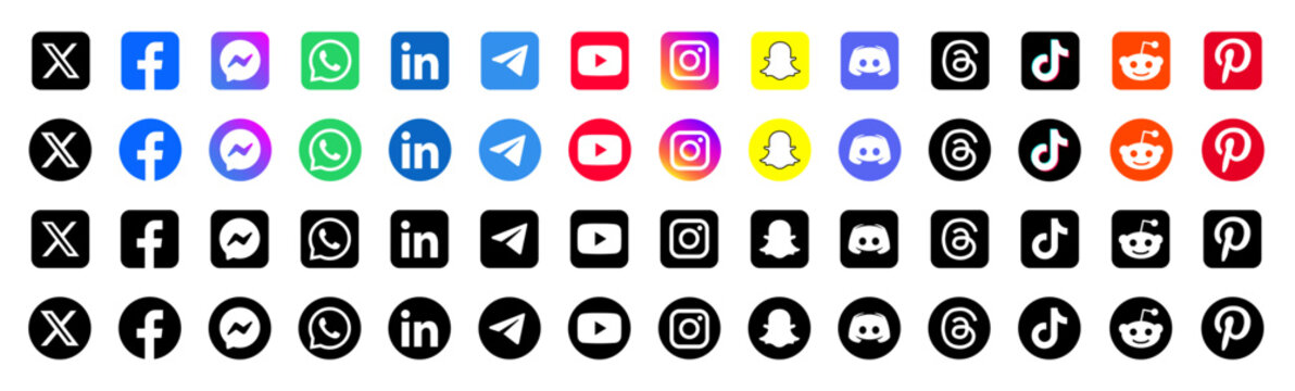 2026 colorful social media icons pack with square and round logos of popular platforms including Facebook, X, Instagram, TikTok, YouTube, LinkedIn and more.