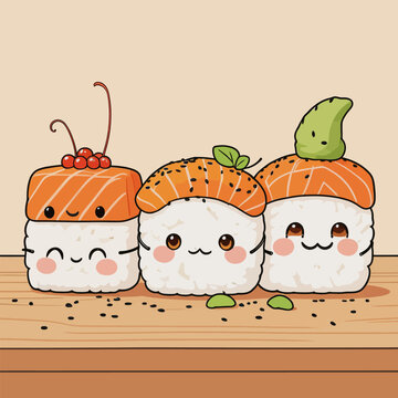 Cute Kawaii Sushi Characters on Wooden Serving Board