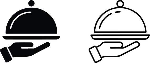 Fototapeta premium Minimalist Restaurant Cloche Catering Platter and Serving Hand Icon Set, vector, illustration, silhouette.