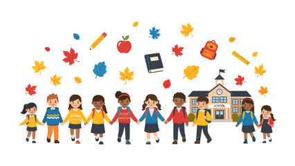 Fototapeta premium School Days Ahead: A vibrant illustration of diverse schoolchildren, hand-in-hand, standing before a classic school building. Accompanying them are autumnal leaves, school supplies, and a backpack.