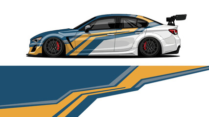 Fototapeta premium Sleek racecar with blue and yellow livery featuring dynamic stripes and aerodynamic design.