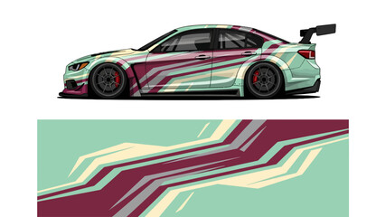 Obraz premium Bold custom wrapped race car featuring geometric abstract graphics and vivid color palette.