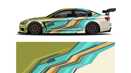 Fototapeta premium Vibrant teal and orange racecar wrap with dynamic stripes highlighting speed and aero design.