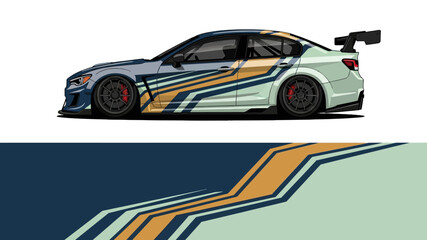 Obraz premium Stylized sports car with colorful racing decals viewed in profile.