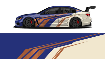 Obraz premium Side view of a high-performance race car with blue, white and orange livery and aerodynamic decals.