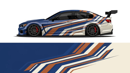 Obraz premium Sleek white race car with blue and orange racing stripes in dynamic side profile.