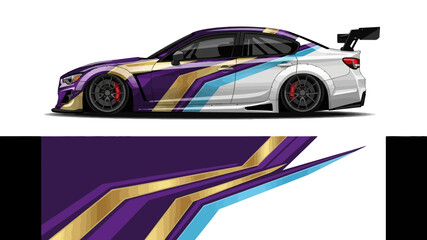 Fototapeta premium Side view of a white sports car with purple and gold racing stripes and sleek design.