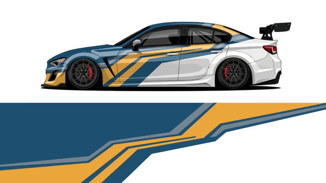 Sleek racecar with blue and yellow livery featuring dynamic stripes and aerodynamic design.