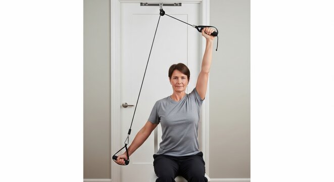 Shoulder pulley home exercise shows range of motion recovery upper limb rehabilitation and guided therapy concept for clinic marketing and healthcare stock use daily