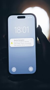Vertical video. Smartphone Showing Nuclear Emergency Notification Inside Dark Tunnel With Bright Backlight, Cinematic Apocalypse Scene About Atomic Threat and Survival