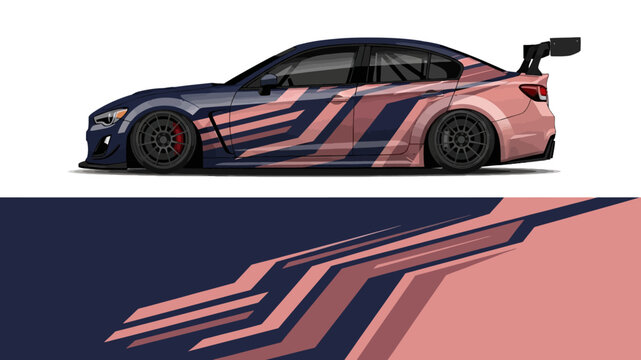 Sleek racing car with abstract pink and navy decals shown in side profile highlighting speed and style.