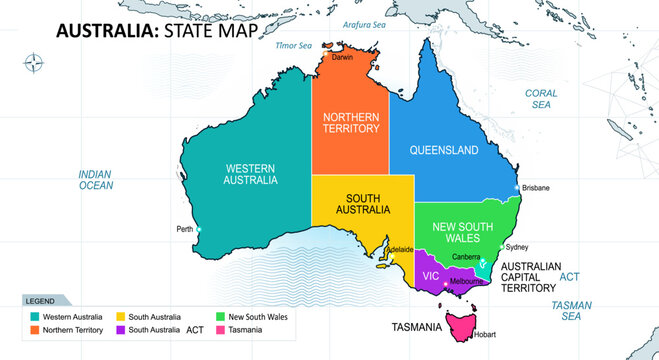 A colorful vector map of Australia. Showing states in vibrant colors. Capital cities marked with dots. Surrounding oceans clearly labeled. Includes a helpful color-coded legend at the bottom.