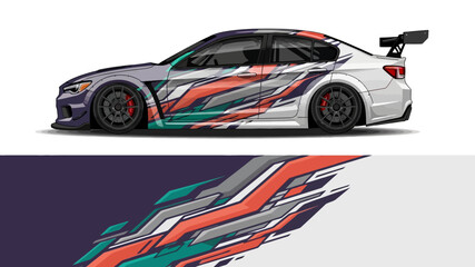 Naklejka premium High-speed race car with colorful abstract livery and aerodynamic design in motion.