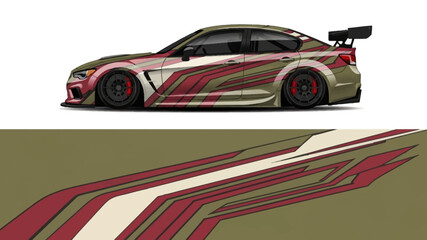 Obraz premium High performance sports car adorned with bold red and gold racing wrap.
