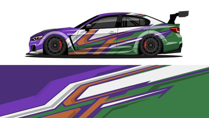 Obraz premium Colorful race car with bold purple and green livery in motion.